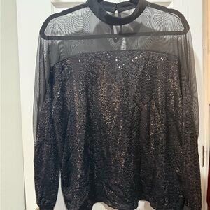 Nine West Black Sequin Mesh Yoke Long Sleeve Top